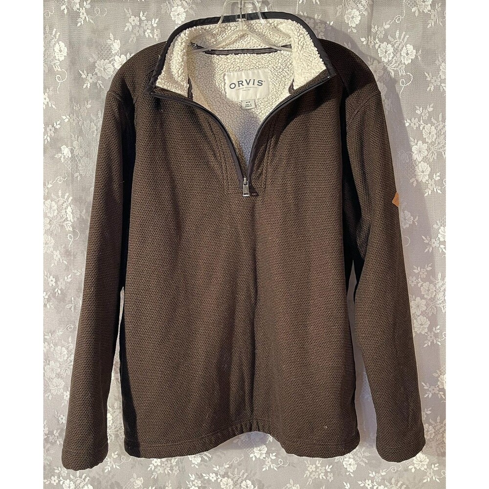 Orvis Brown Sherpa Lined Quarter Zip Pullover Mens Size Medium Outdoor Lodge